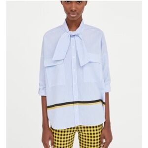 Zara Blue and White Striped Blouse with neck tie / bow